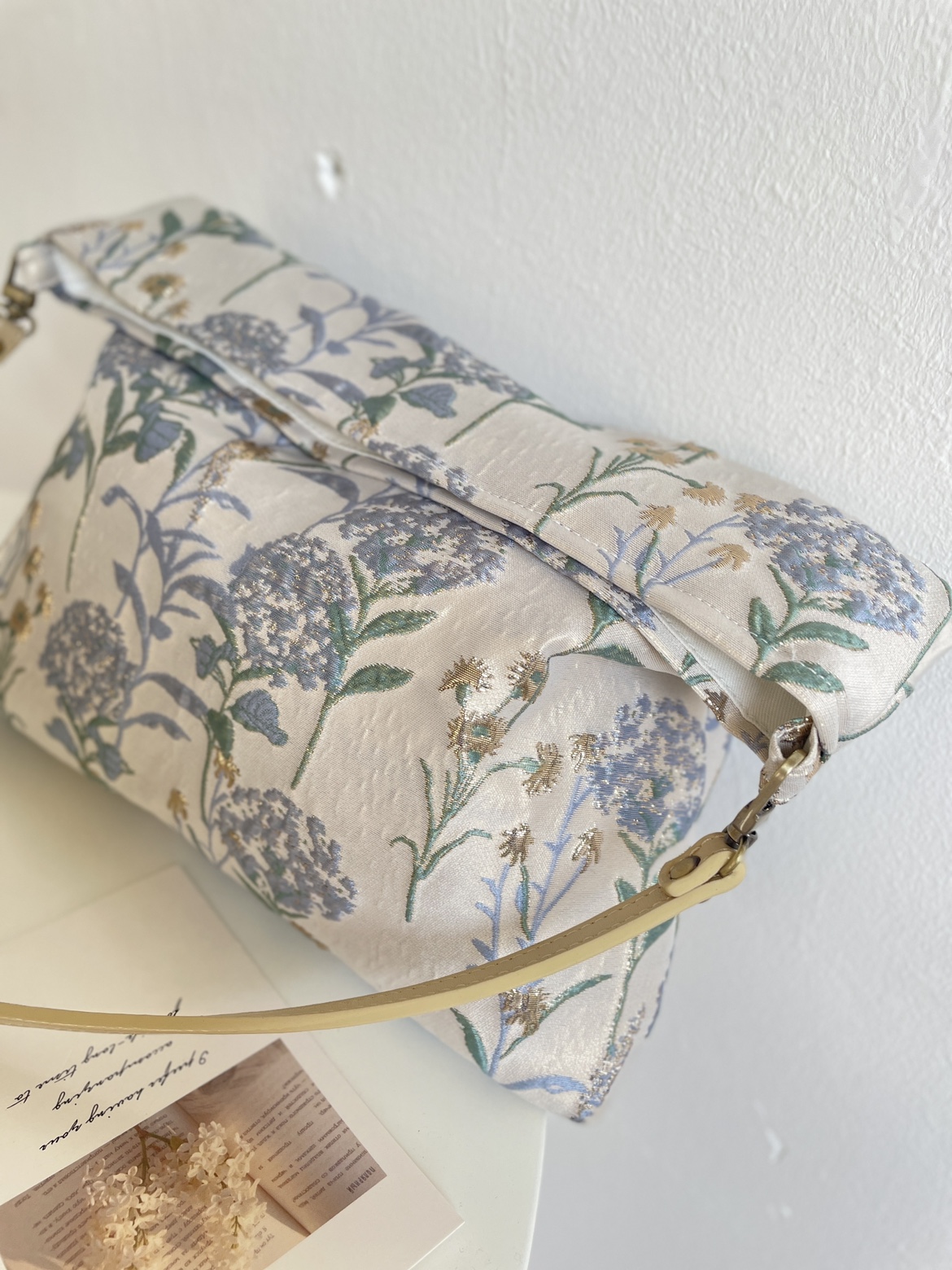 Dandelion shoulder bag women square bag with flowers pattern cloth bag gray blue color