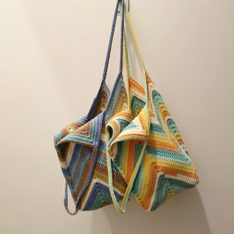 Handmade crochet tote bag Unique large women casual basket shoulder bag blue and yellow