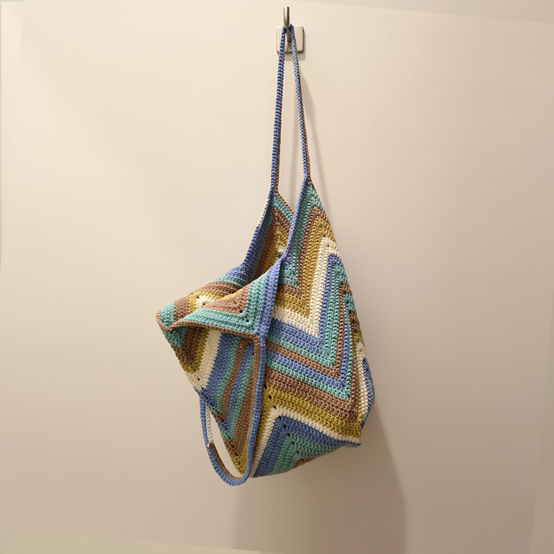 Handmade crochet tote bag Unique large women casual basket shoulder bag blue