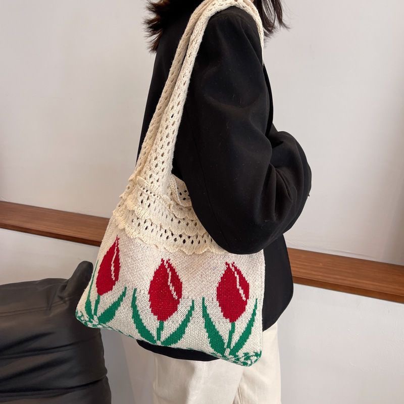 White Hand-woven tulip crochet tote bag casual cotton hollow boho tote bags 