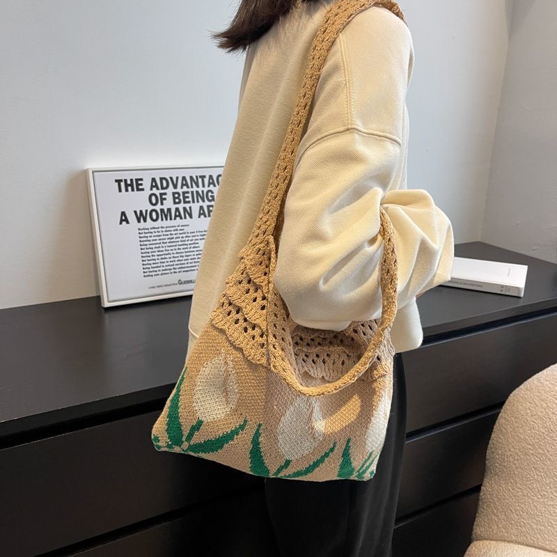 Khaki Hand-woven tulip crochet tote bag casual cotton hollow boho tote bags