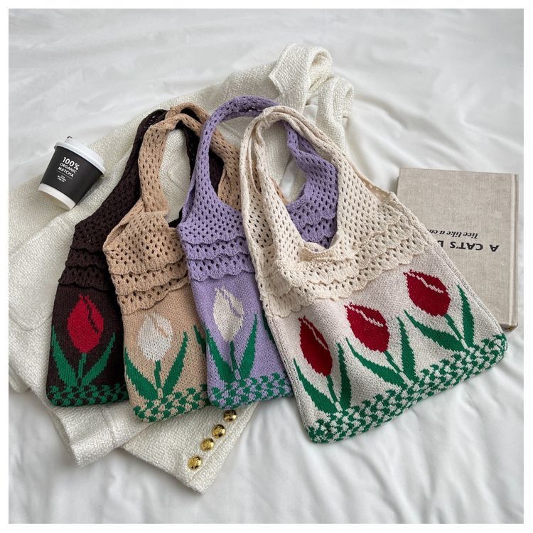 Hand-woven tulip crochet tote bag casual cotton hollow boho tote bags