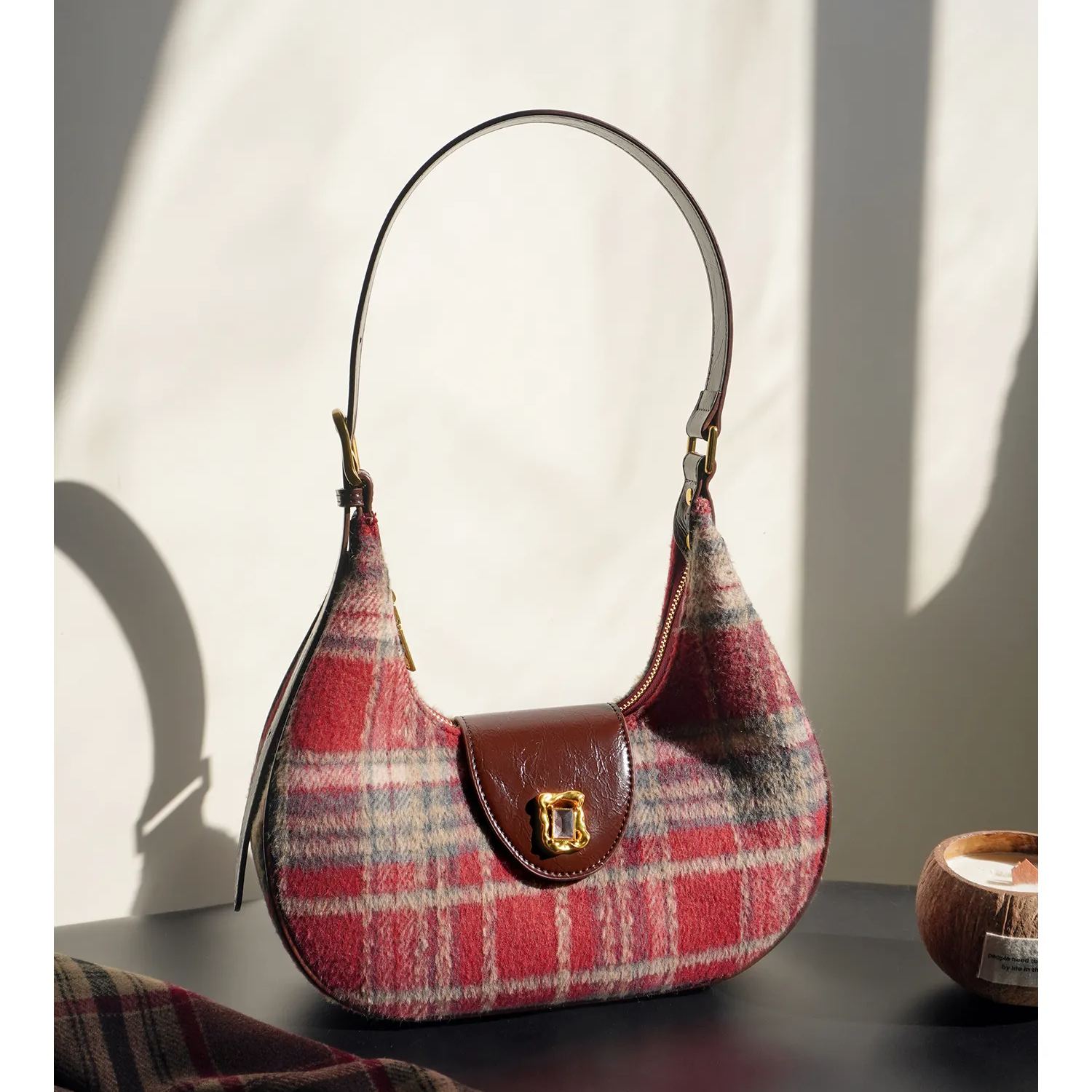 Plaid Underarm Bag Women's Shoulder Bag Retro Red Casual Handbag 