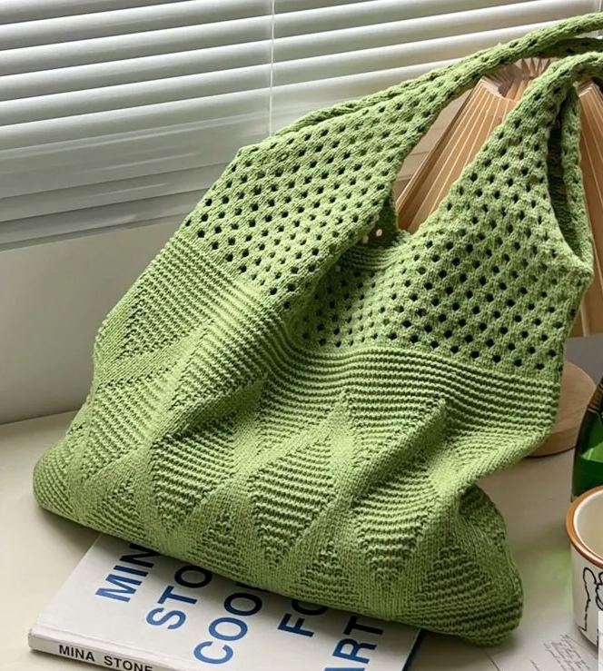 Vintage hollow crochet tote bag knitting women woven shoulder bag