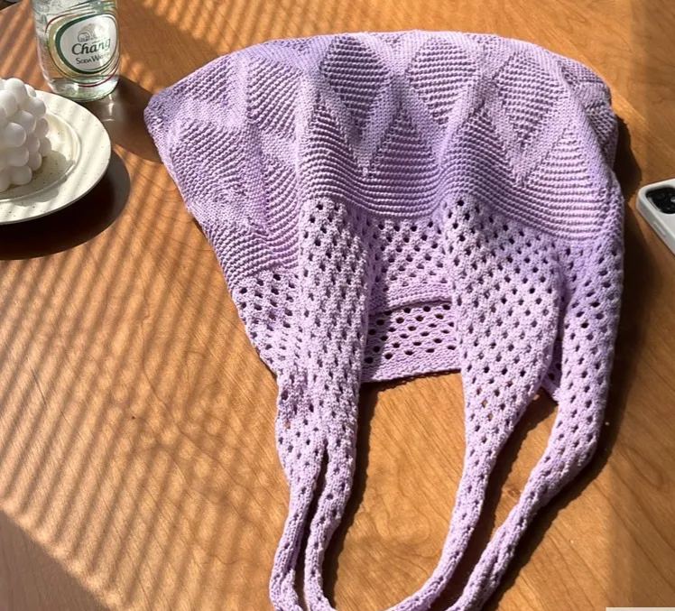 Vintage hollow crochet tote bag knitting women woven shoulder bag purple