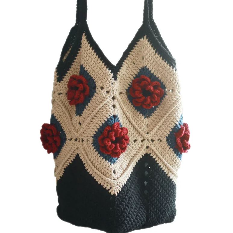 rose flower crochet tote bag Pastoral vintage womenshoulder bag