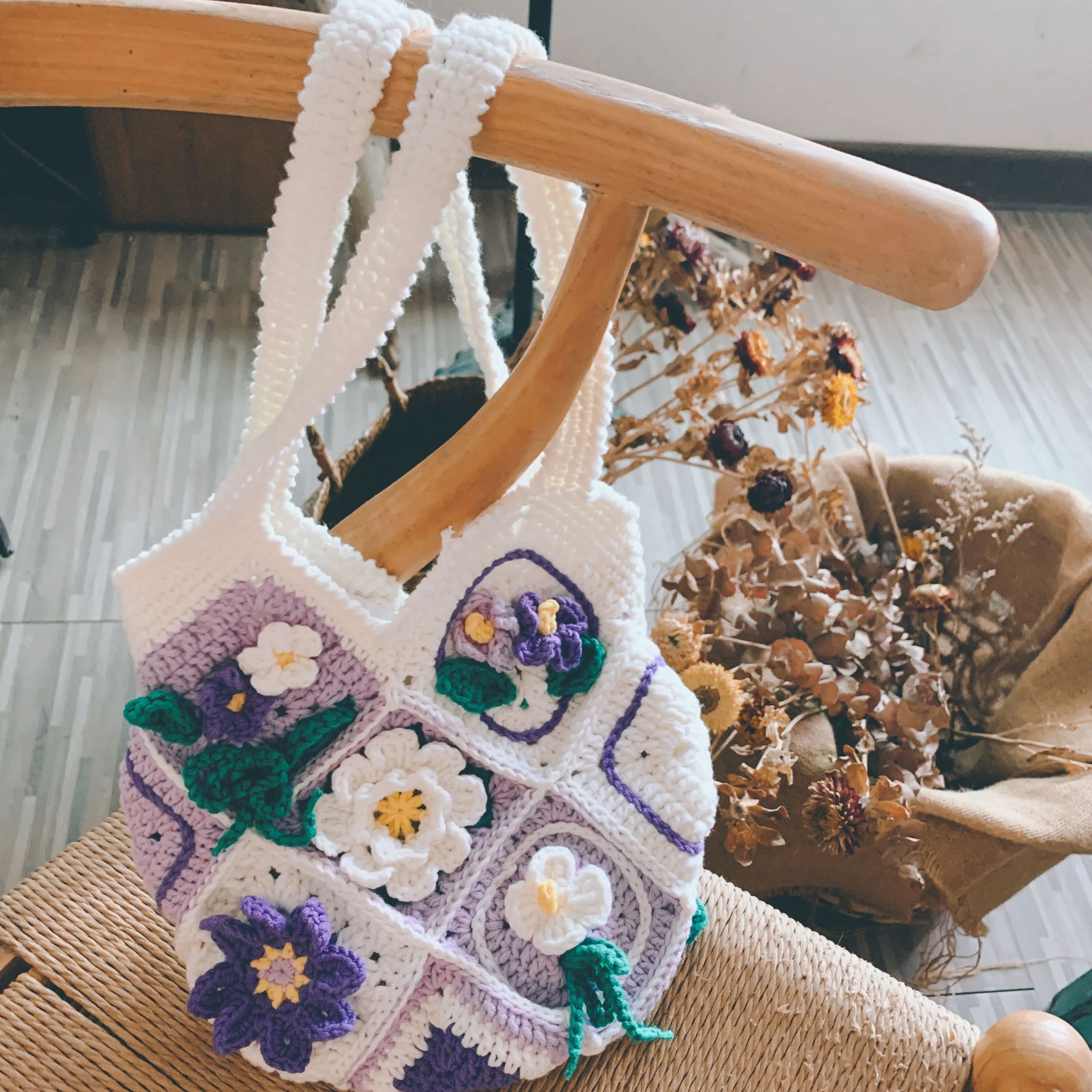 Handcrafted Violet wisteria flower crochet tote bag women wool cute woven shoulder bag purple 2