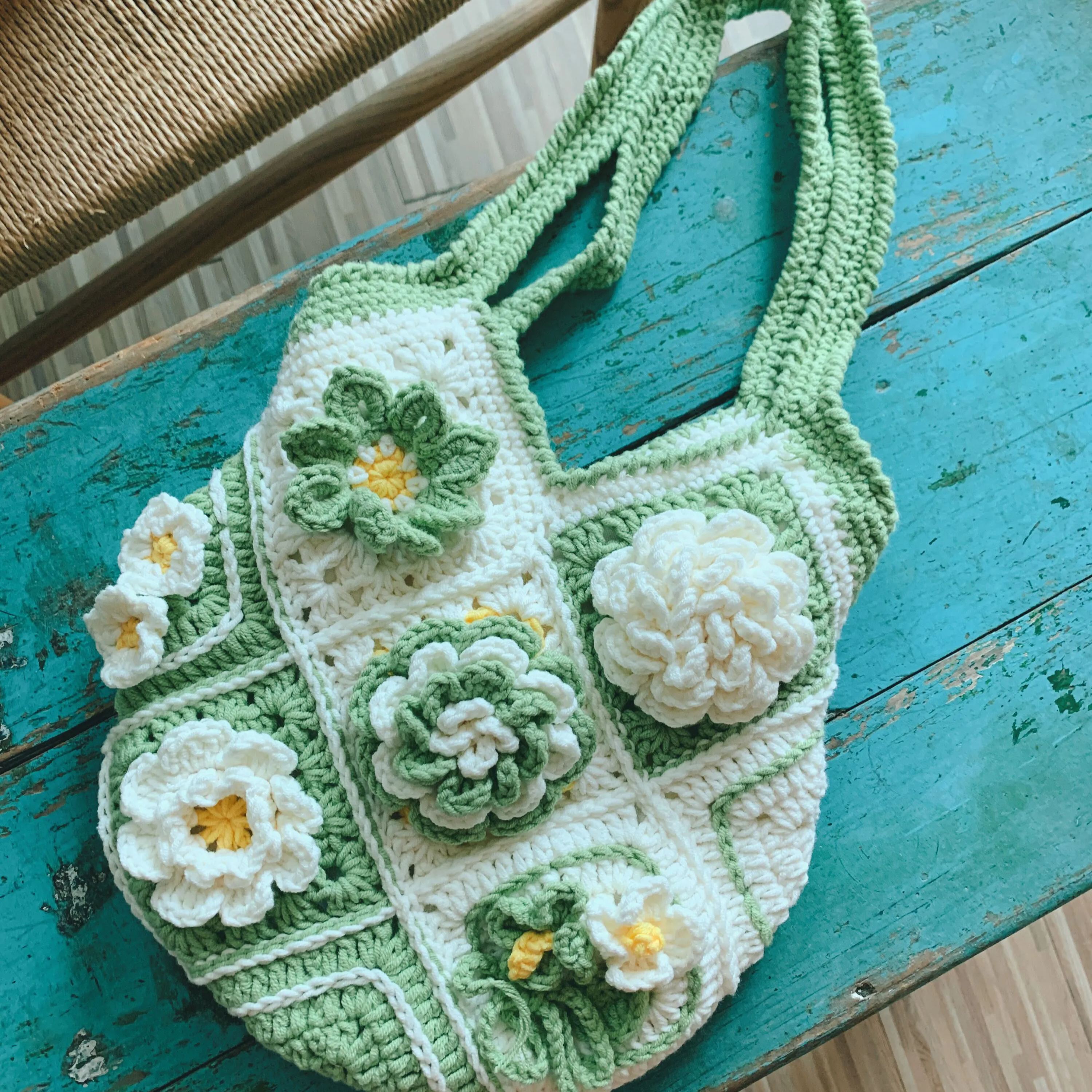 Handcrafted Violet wisteria flower crochet tote bag women wool cute woven shoulder bag green4