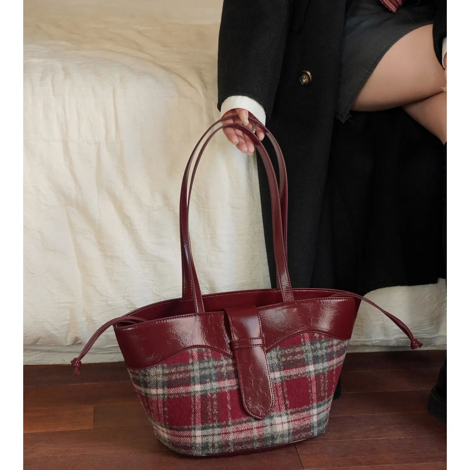 Plaid Handbag Cherry Red Shoulder Bag with Leather Strap 2
