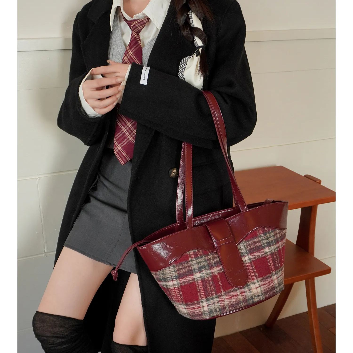 Plaid Handbag Cherry Red Shoulder Bag with Leather Strap women