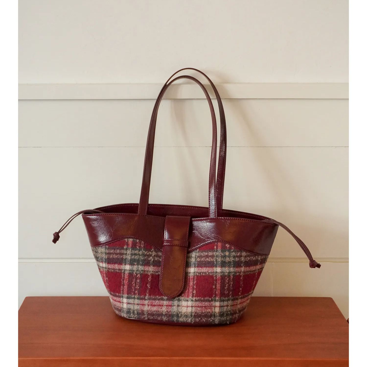 Plaid Handbag Cherry Red Shoulder Bag Vintage