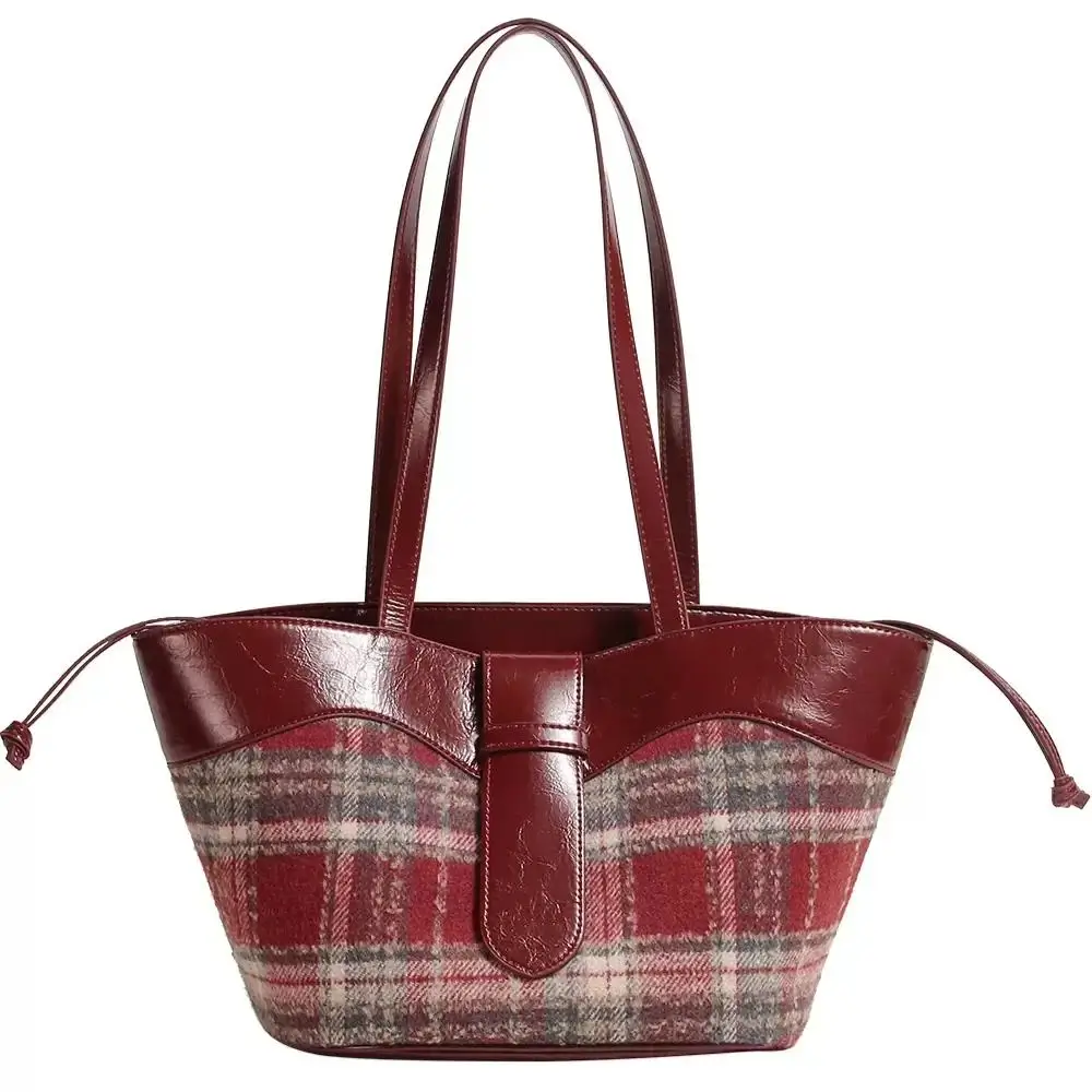 Plaid Handbag Cherry Red Shoulder Bag with Leather Strap