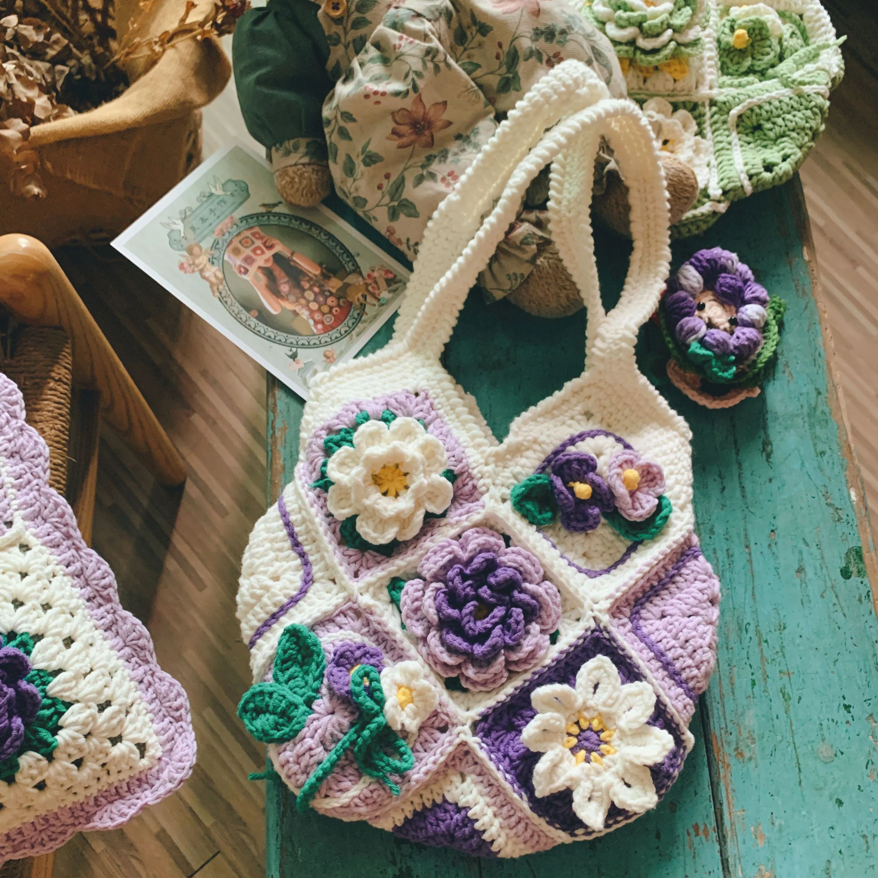 Handcrafted Violet wisteria flower crochet tote bag women wool cute woven shoulder bag