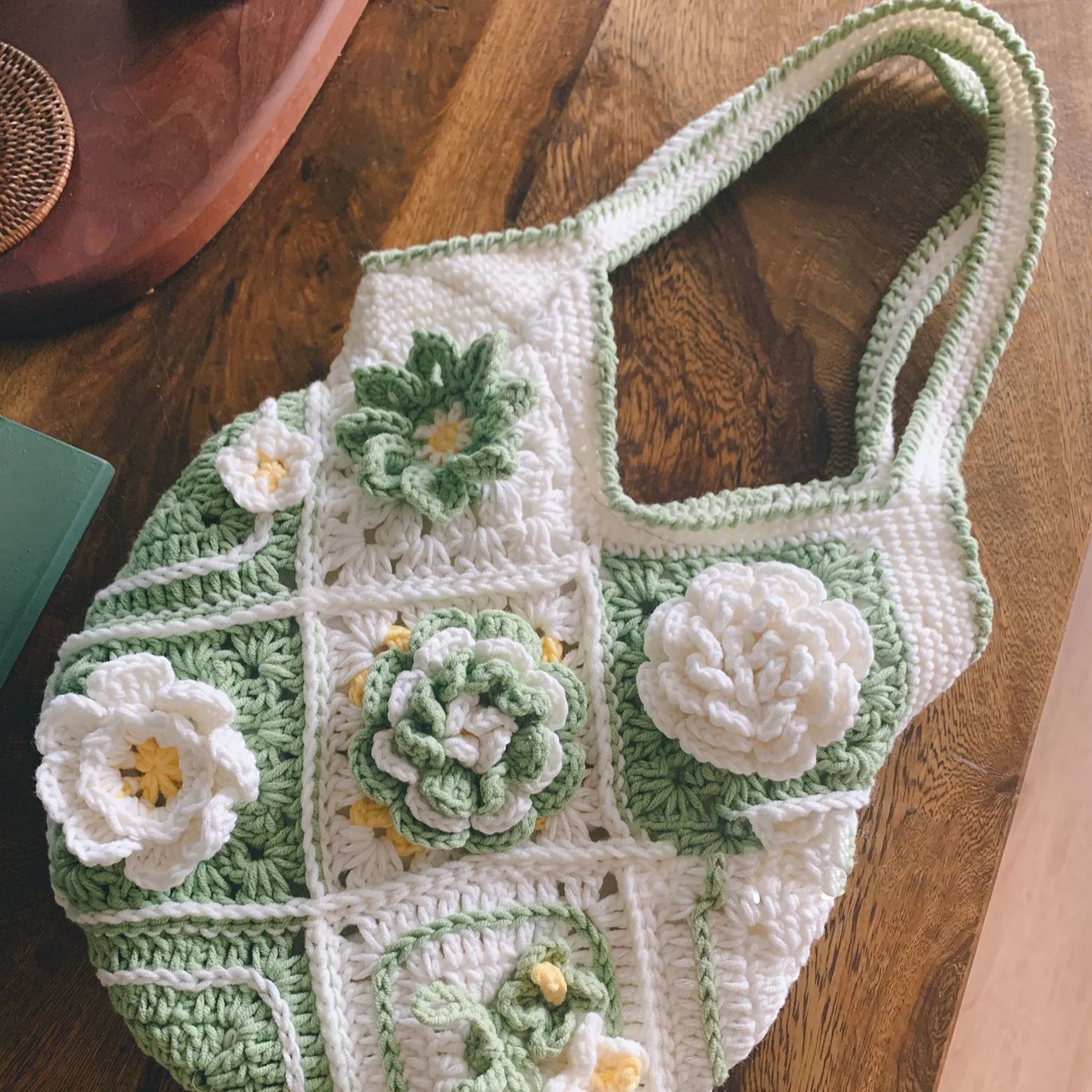 Handcrafted Violet wisteria flower crochet tote bag women wool cute woven shoulder bag green 5