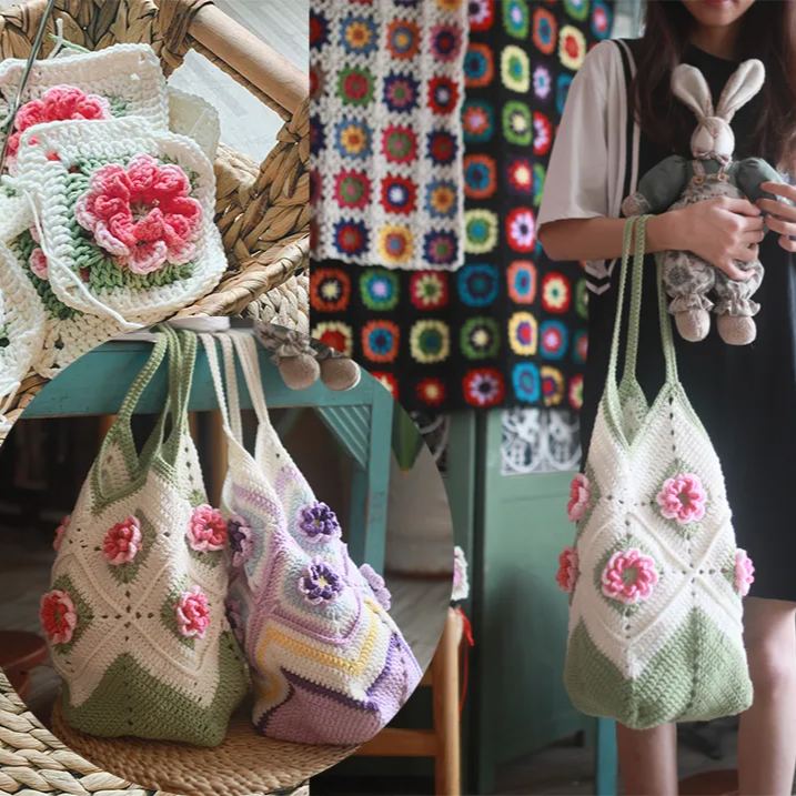 Hand-woven rose flower crochet tote bag Pastoral vintage women shoulder bag