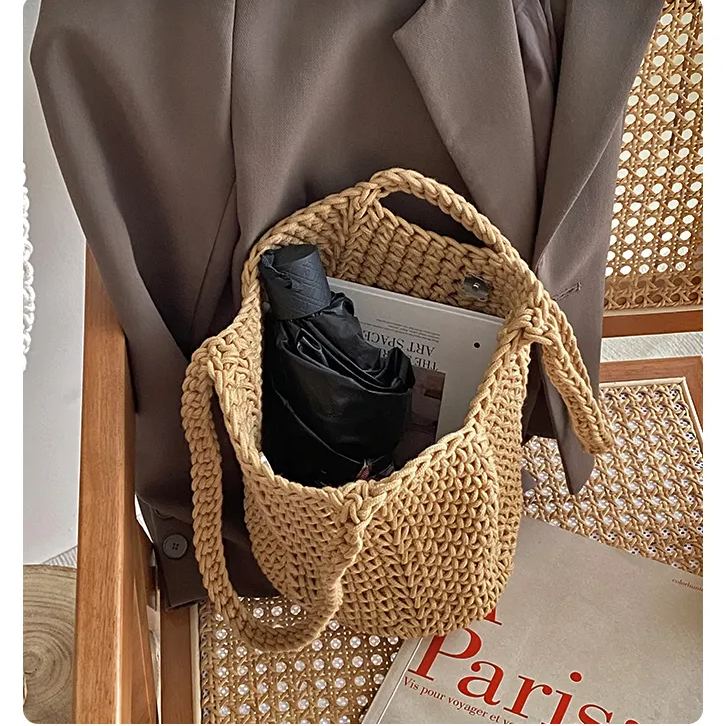 Handmade crochet tote bag cotton rope hollow bucket bag boho tote bags 2