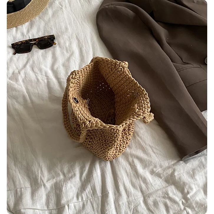 Handmade crochet tote bag cotton rope hollow bucket bag boho tote bags 3