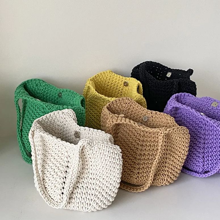 Handmade crochet tote bag cotton rope hollow bucket bag boho tote bags 1