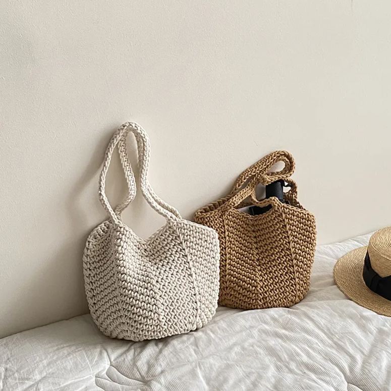 Handmade crochet tote bag cotton rope hollow bucket bag boho tote bags 4