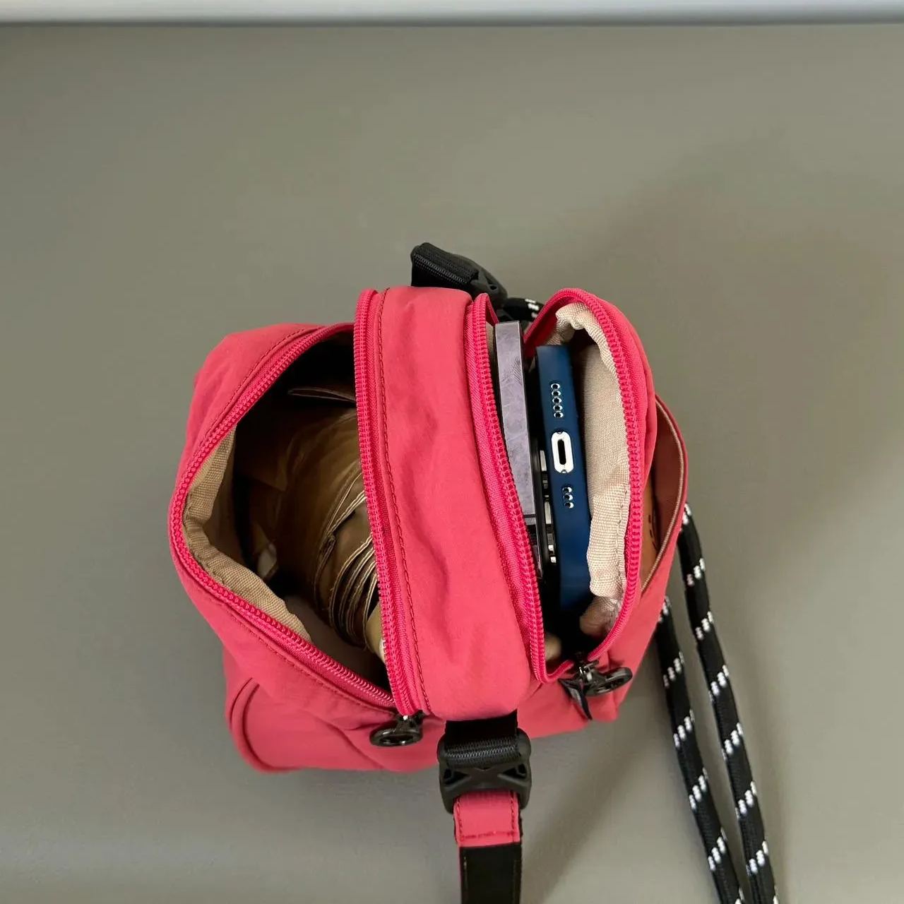 Strawberry Red Color Nylon Crossbody Bag Multi-Pocket Detail