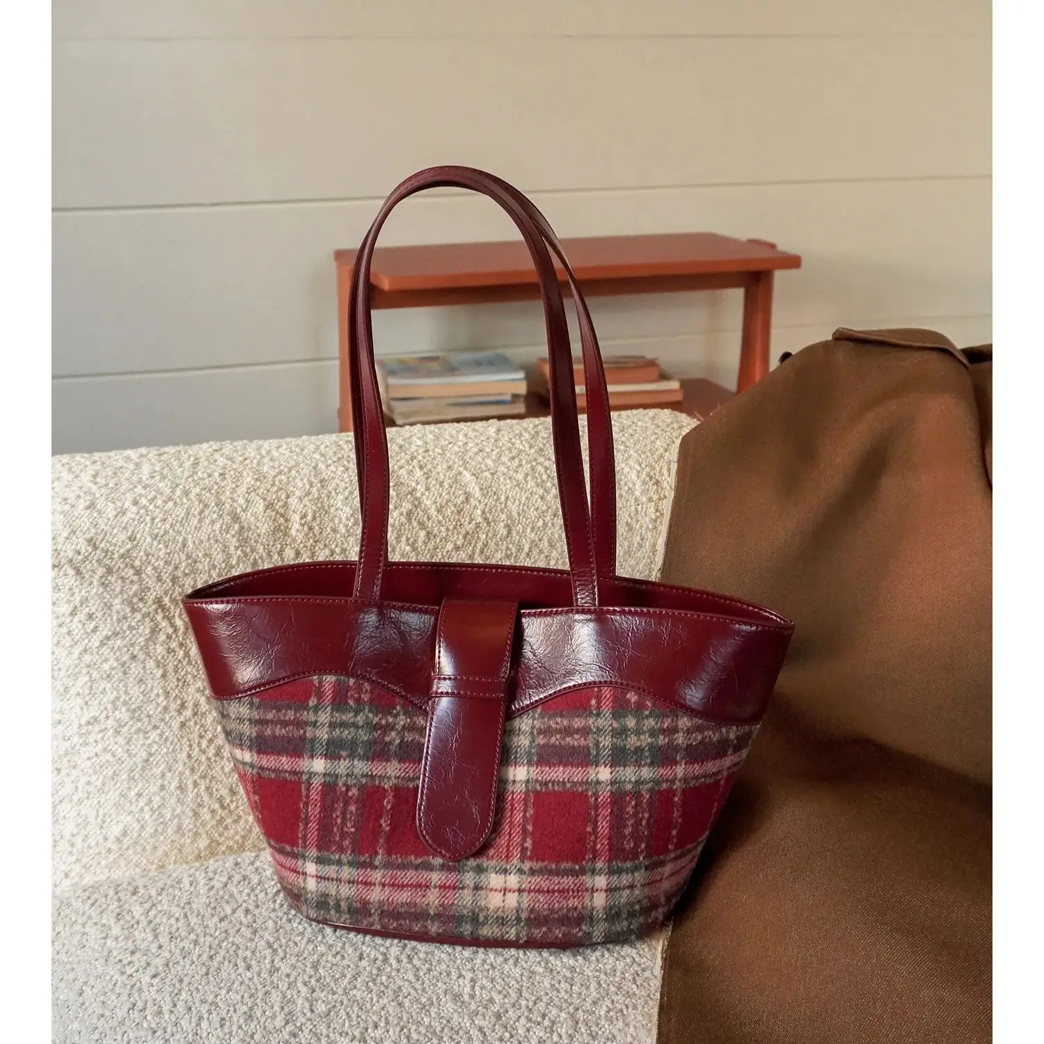 Plaid Handbag Cherry Red Shoulder Bag with Leather Strap