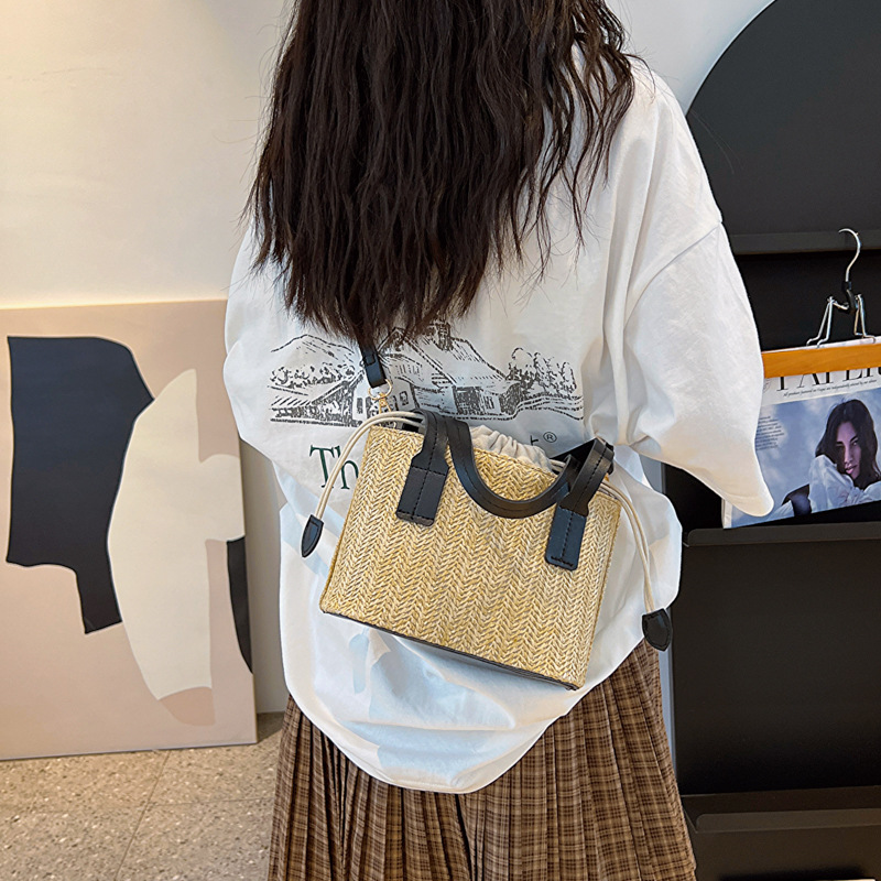 Felbag Handbags Straw Woven Bucket Bag with Leather Strap