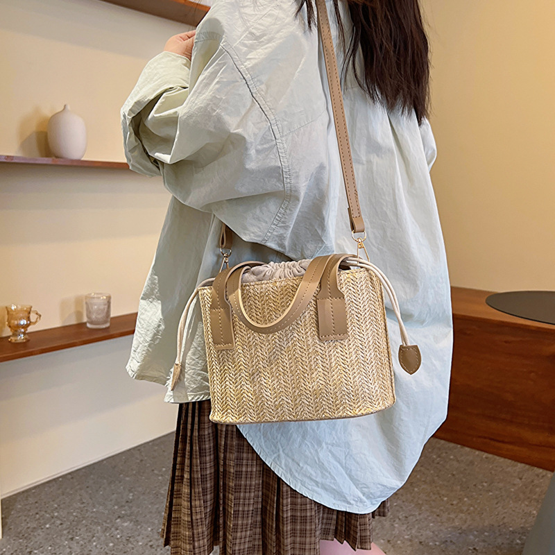 Felbag Handbags Straw Woven Bucket Bag with Leather Strap