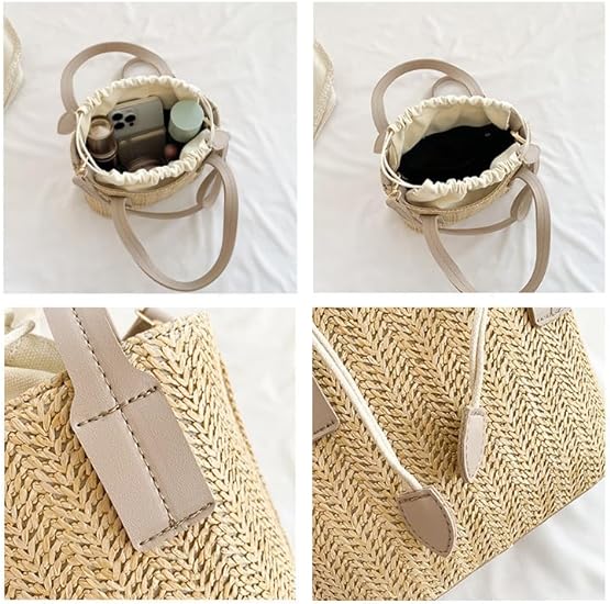 Felbag Handbags Straw Woven Bucket Bag with Leather Strap Detail