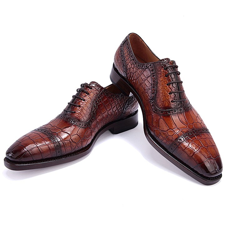 Men's Alligator Leather Cap Toe Lace up Oxford Classic Modern Business Dress Shoes