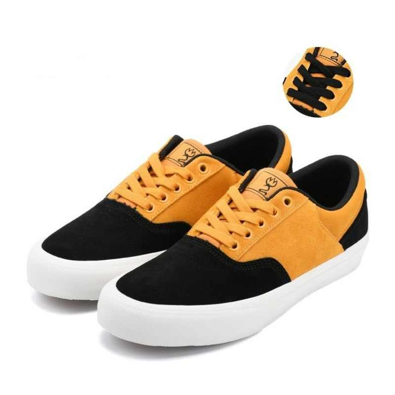 Suede Leather Casual Shoe for Men Yellow Sneakers Lace-up Walking Light Rubber Outsole