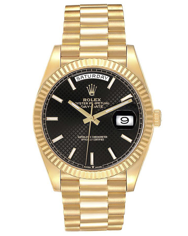 Rolex President Day-Date 40 Black Diagonal Dial Yellow Gold Mens Watch 228238 Box Card