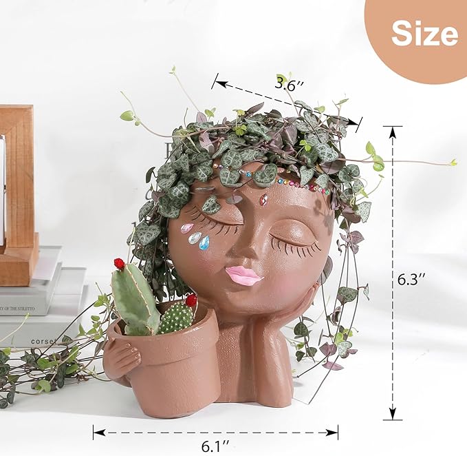 Face Planter Head Planter for Indoor and Outdoor Plants - Succulent Flower Double Planter with Drainage Holes