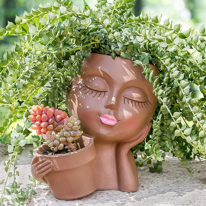 Face Planter Head Planter for Indoor and Outdoor Plants - Succulent Flower Double Planter with Drainage Holes