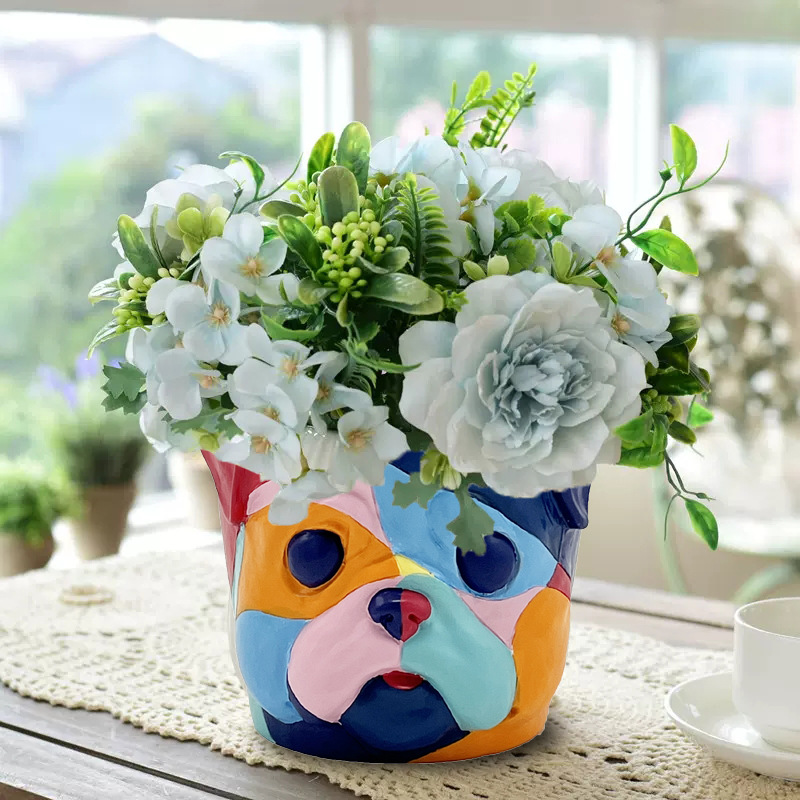 Colorful dog head decorative flower pots creative resin art ornaments garden courtyard desktop ornaments potted flower pots