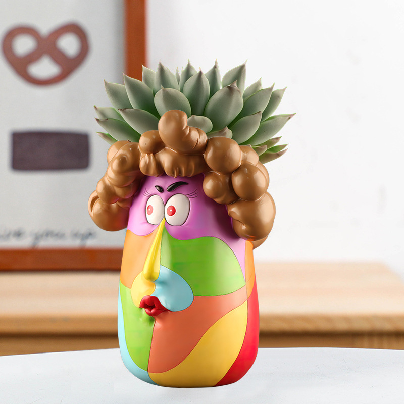 Colorful cartoon curly girl home desktop garden resin art succulent flower pot ornaments