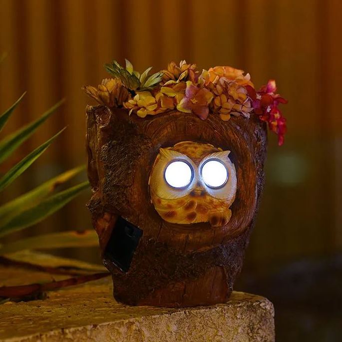 Owl Solar Lamp Ornaments Home Courtyard Outdoor Garden Decoration Wall Hanging Resin Flower Pot