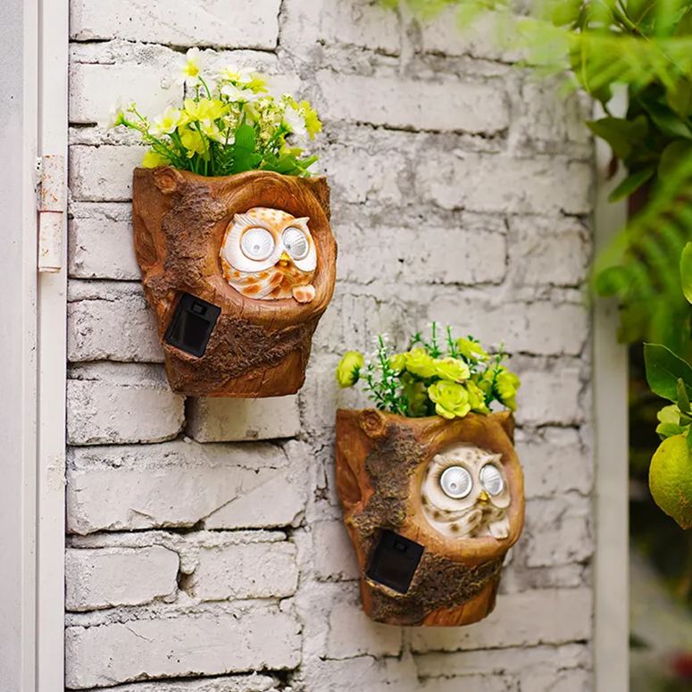 Owl Solar Lamp Ornaments Home Courtyard Outdoor Garden Decoration Wall Hanging Resin Flower Pot