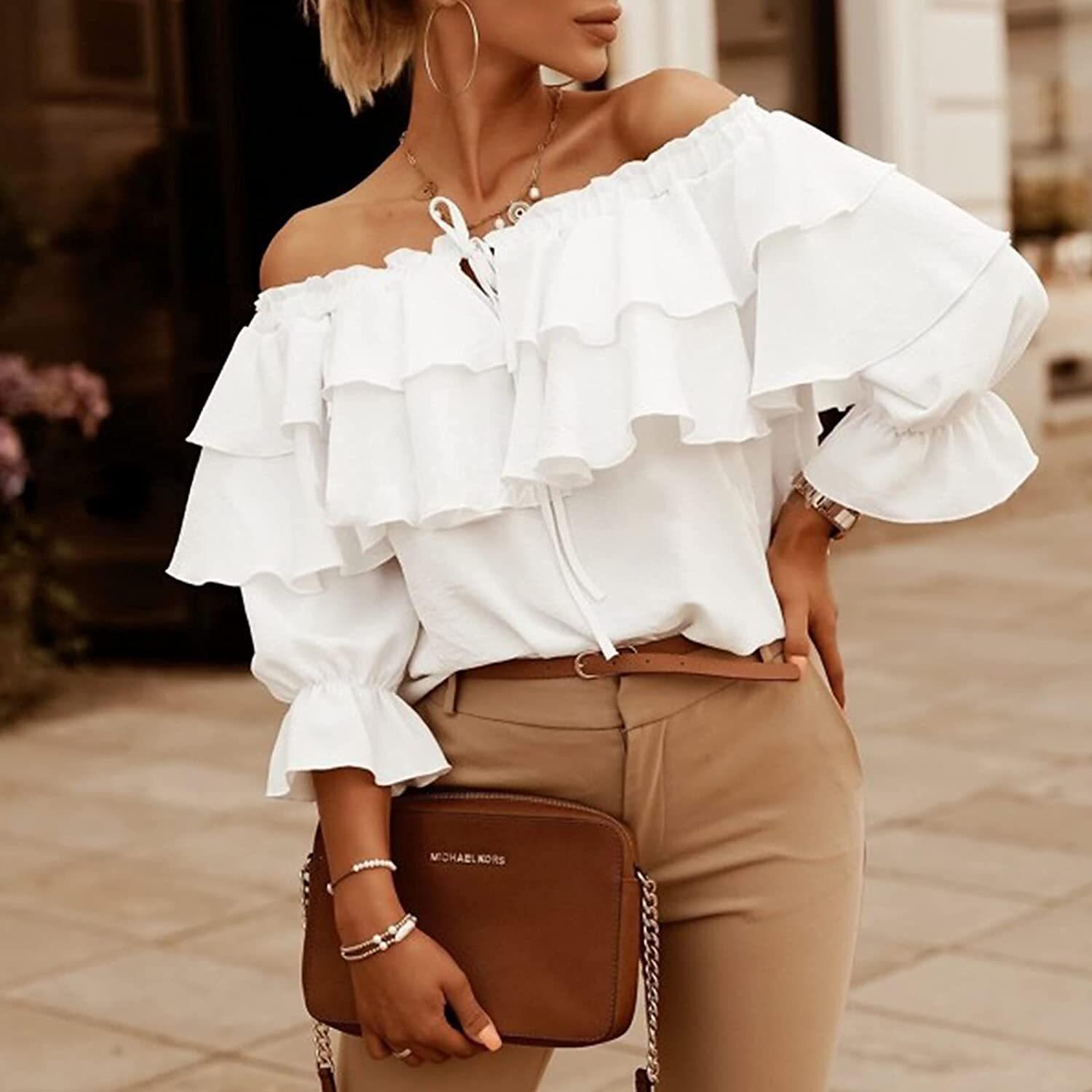 Necydress Gimbel Elegant One Collar Chiffon Ruffle Shirt