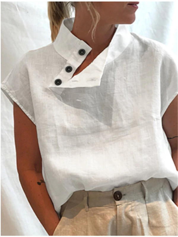 Necydress Duangrat Casual Cotton And Linen Single-Sided Button Short-Sleeved T-Shirt
