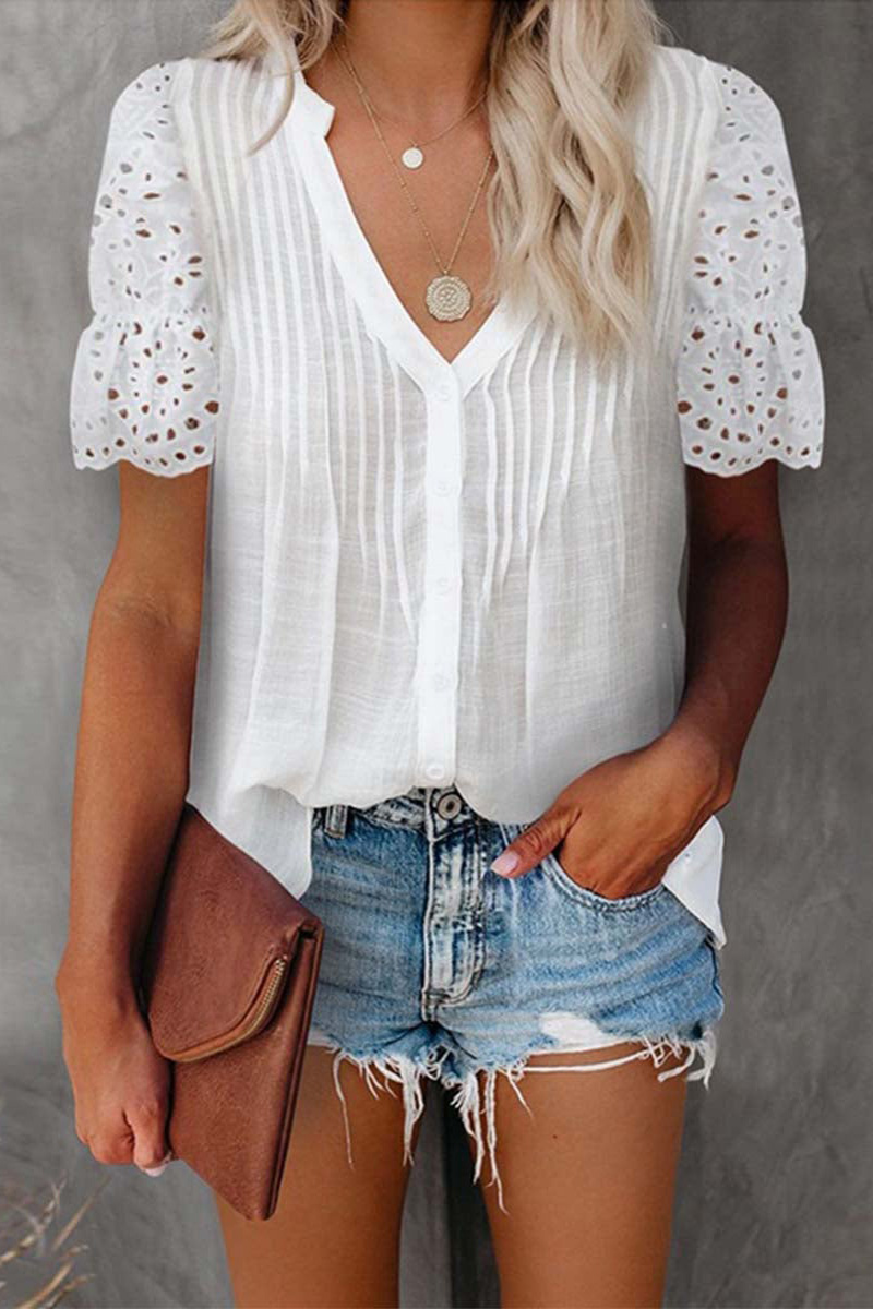 Necydress V-neck Pleated Lace Stitching Top