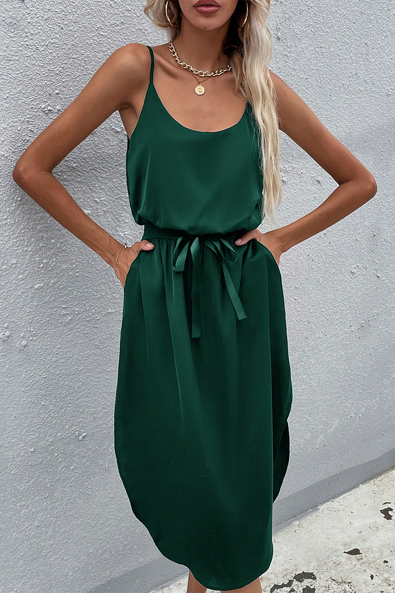 Necydress Jessica Solid Color Waist Tie Sling Dress
