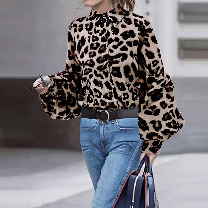 Necydress Ewa Fashion Leopard Print Polka Dot Long Sleeve Blouse