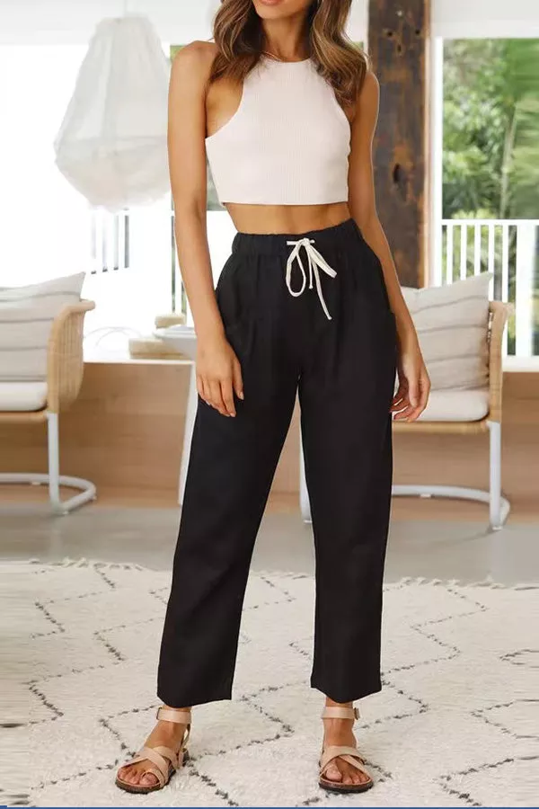 Necydress Sonia Casual Solid Color Lace-Up Cotton Linen Pants