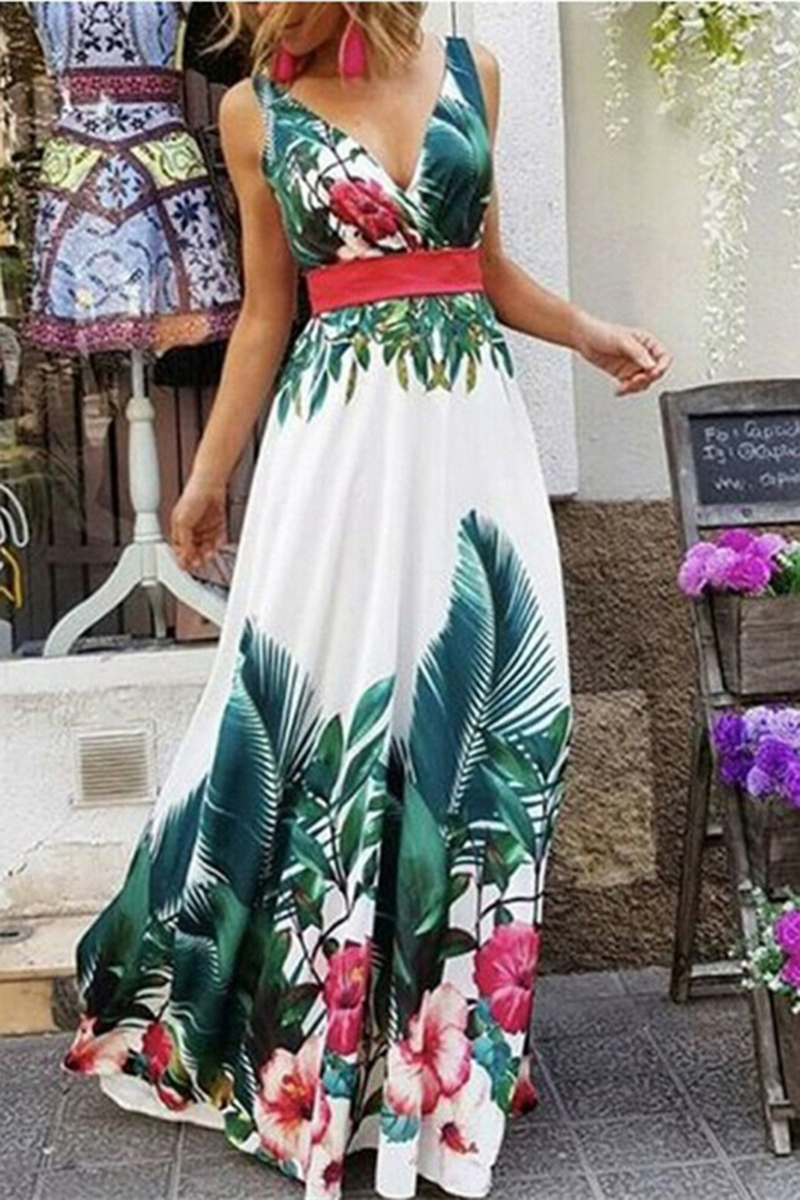 Necydress Kristy Casual  V-Neck Print A Line Maxi Dress