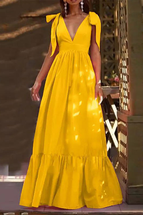 Necydress Lillian Tie Straps V Neck Tiered Ruffles Maxi Dress