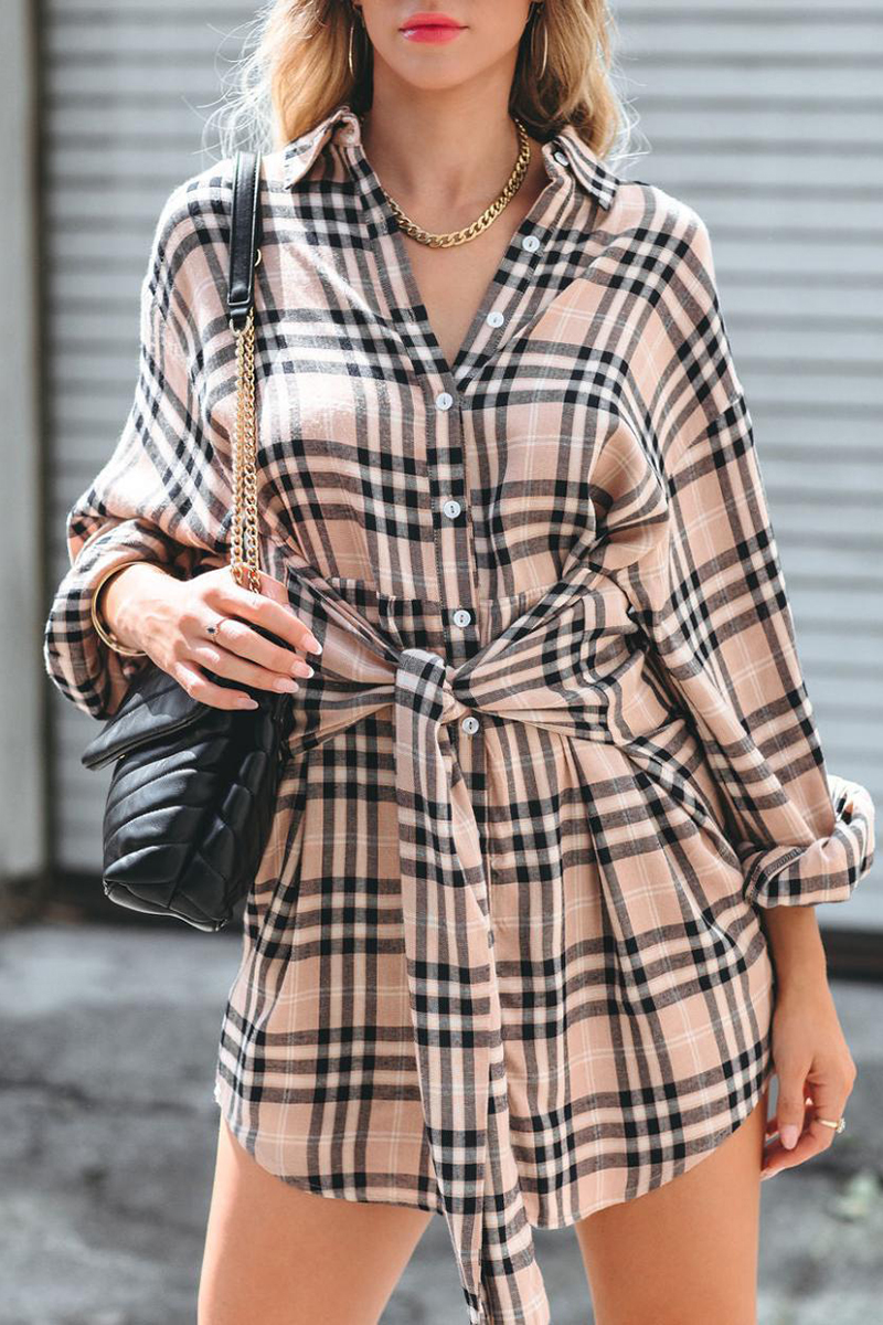 Necydress  Casual Ladies Long Sleeve Plaid Mini Shirt Dress