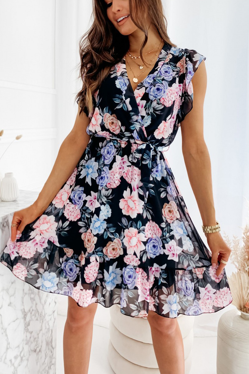 Necydress Iman Ruffle Short-Sleeved V-Neck Chiffon Dress