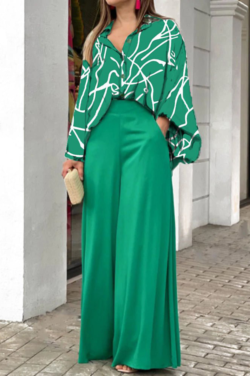 Necydress Rene Fresh Green Shirt Top Broad-Legged Pants Set