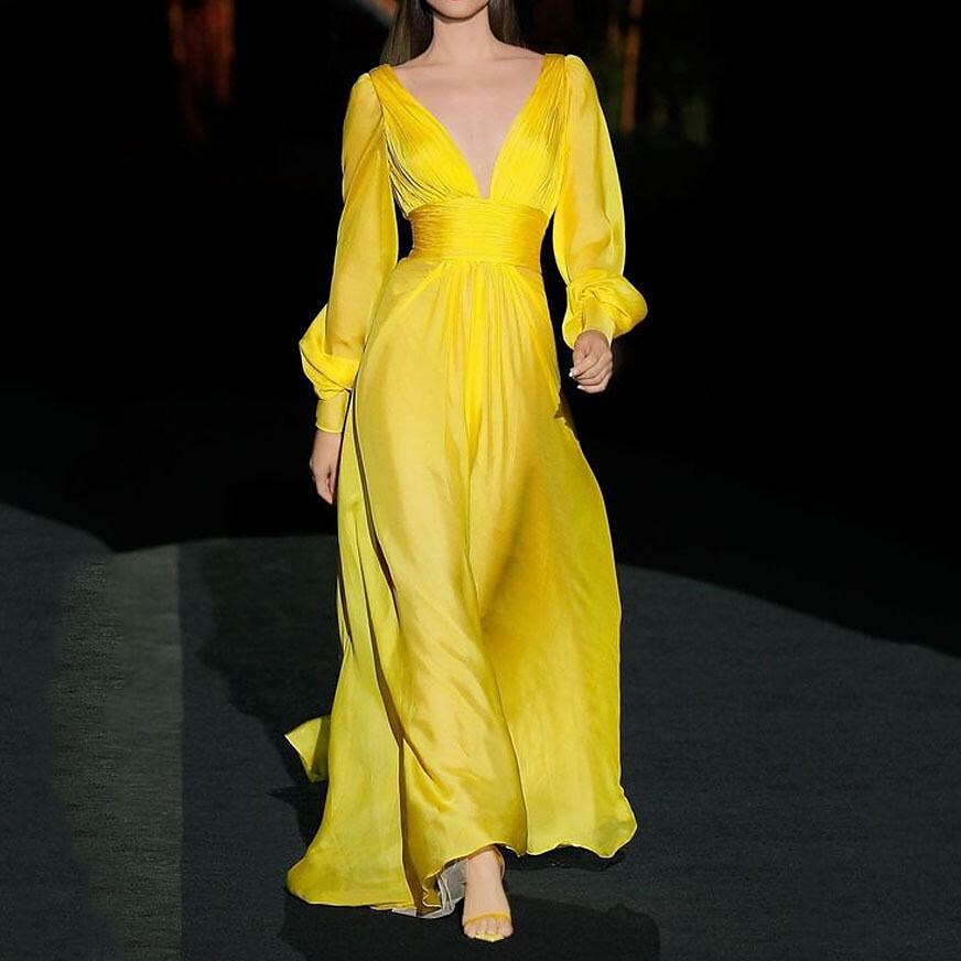 Necydress  Elegant Deep V-Neck Ladies Long Swing Dress