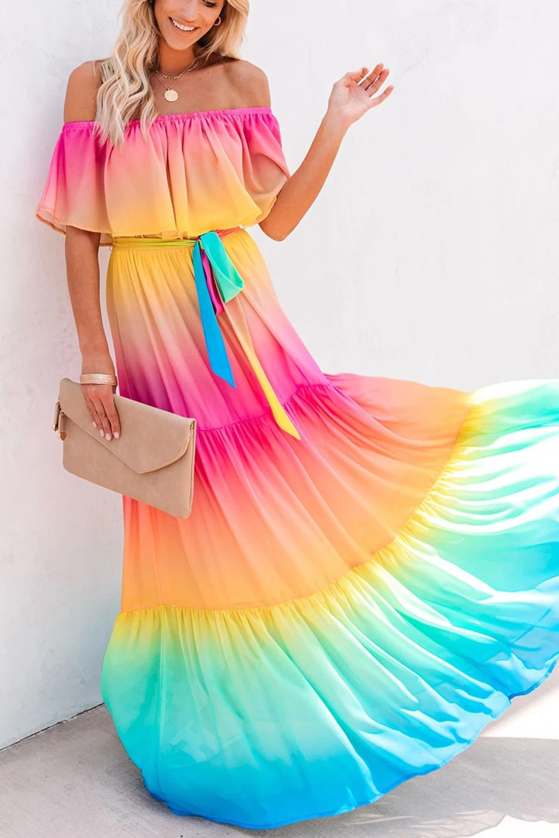 Necydress Jana Rainbow One Shoulder Gradient Color Maxi Swing Dress